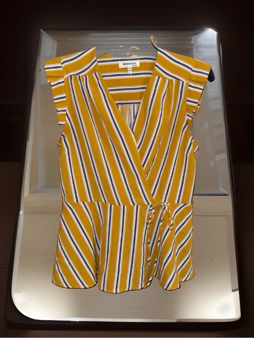Monteau Mustard Striped Wrap Peplum Top-EC